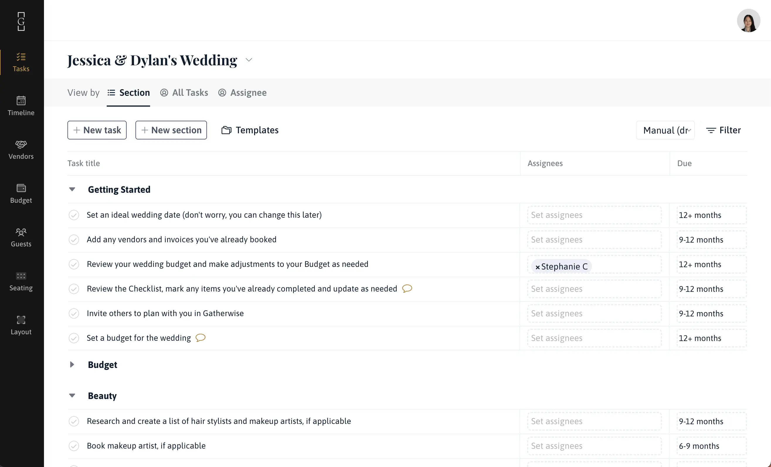 Gatherwise task management workspace for Jessica & Dylan's Wedding